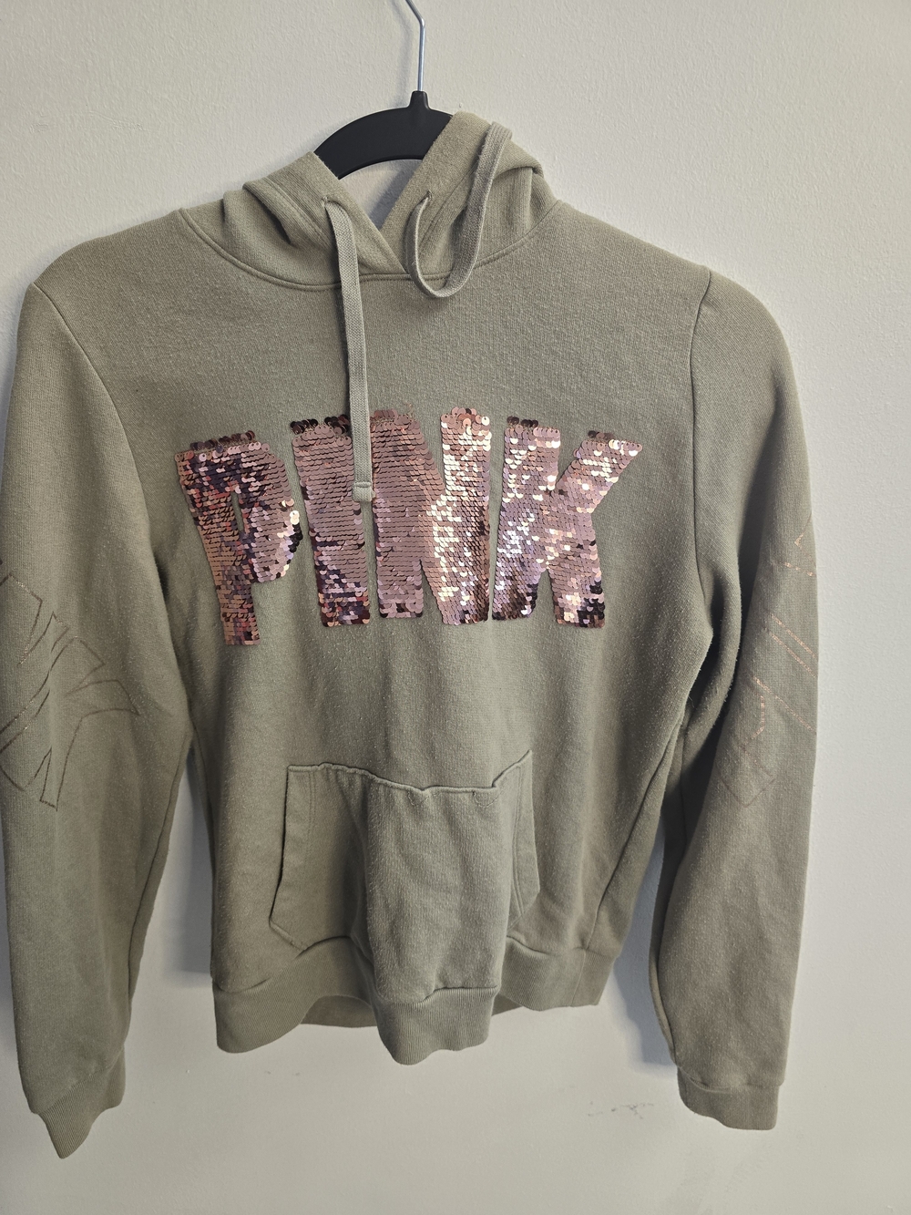 PINK Victoria's Secret Men's Olive Green Pullover Hoodie Sweater - Picture 2 of 4